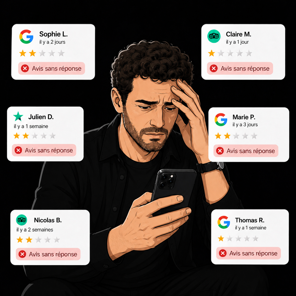 Homme soucieux face à des avis sans réponse
